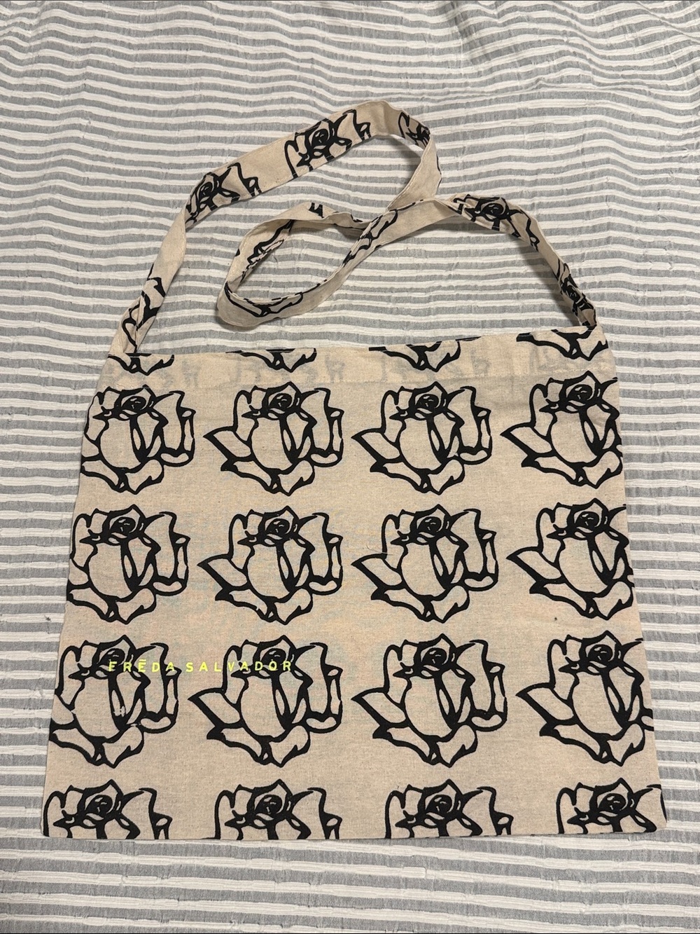 Freda Salvador Beige Canvas Tote with Black Rose Pattern
